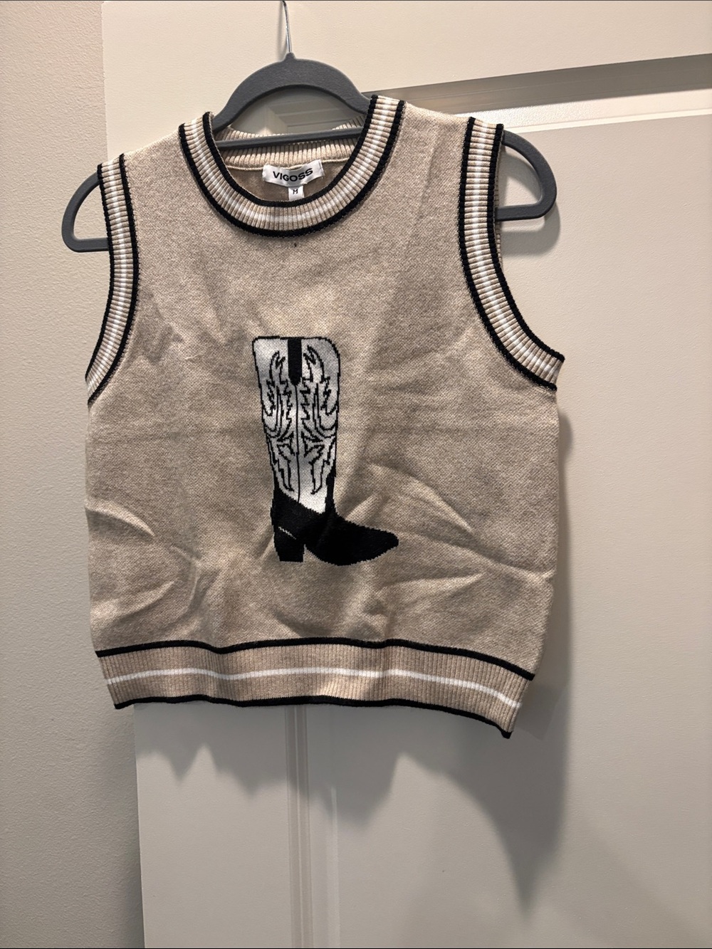 Vigoss Beige Knit Sleeveless Vest with Black & White Boot Motif